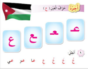 Jordanian flag above letters from the Arabic alphabet